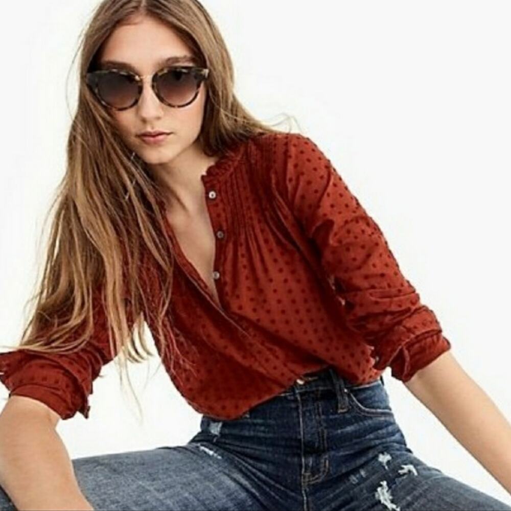 J. Crew Point Sur Ruffle Classic Popover in Clip Dot Deep Redwood Size 4